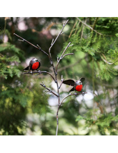 Tuteur 2 Rouge-Gorge métal recyclé sur branche-Tuteurs oiseaux 2