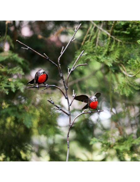 Tuteur 2 Rouge-Gorge métal recyclé sur branche-Tuteurs oiseaux