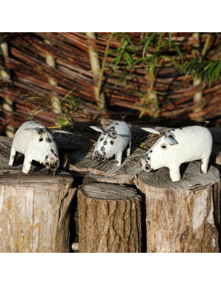 Cochon en métal recyclé blanc-Basse-cour et animaux de la ferme