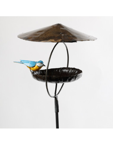 Mangeoire pour les oiseaux sur pied avec mésange en métal recyclé deco jardin