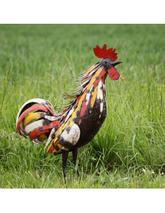 Coq XL en métal recyclé – Sculpture unique et colorée deco jardin