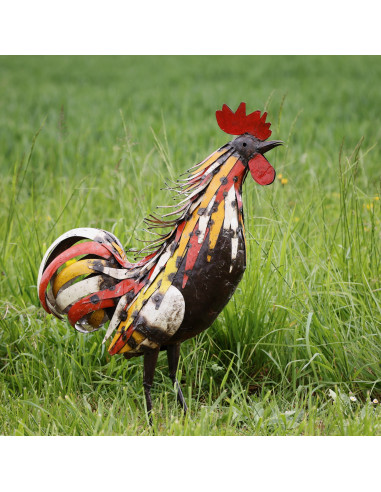 Coq XL en métal recyclé – Sculpture unique et colorée deco jardin