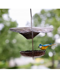 Suspension feuille avec une mésange bleue en métal recyclé deco jardin