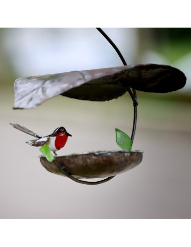 Suspension feuille avec un Rouge Gorge en métal recyclé deco jardin